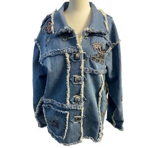 Handmade Upcycled Embroidered Denim Jacket with Frayed Edges Size Large Pit 23